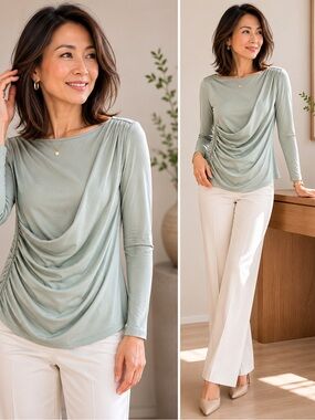 Elodie Green Asymmetrical Ruched Blouse